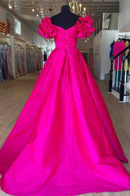 A-Line Ruffle Shoulder Fuchsia Satin Long Formal Dress Yellow Satin Evening Dresses simple gentle atmospheric and unique desi Bring summer colors to enhance whiteness by YiHuiw