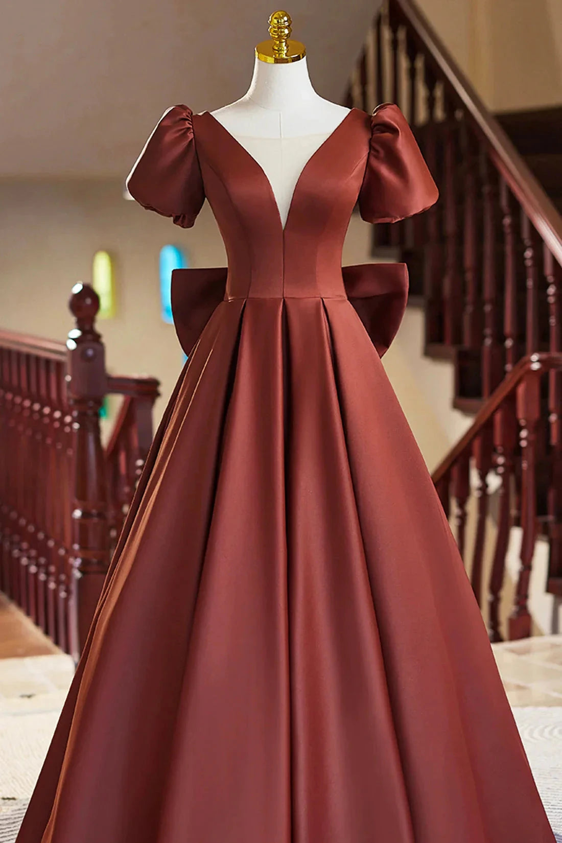 A-Line Satin Floor Length Prom Dress Elegant Short Sleeve Evening Party Dress simple gentle atmospheric and unique desi Bring summer by YiHuiw