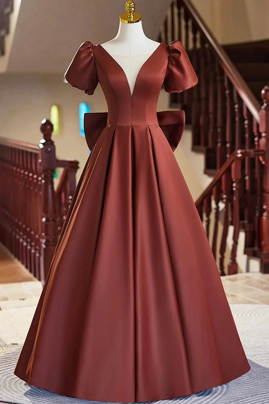 A-Line Satin Floor Length Prom Dress Elegant Short Sleeve Evening Party Dress simple gentle atmospheric and unique desi Bring summer by YiHuiw