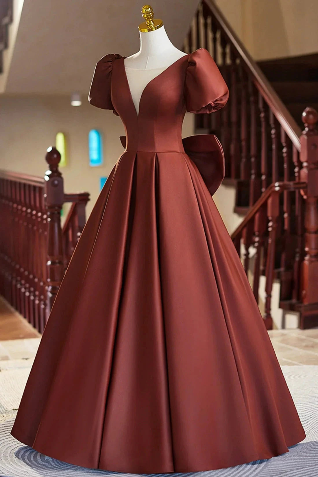 A-Line Satin Floor Length Prom Dress Elegant Short Sleeve Evening Party Dress simple gentle atmospheric and unique desi Bring summer by YiHuiw