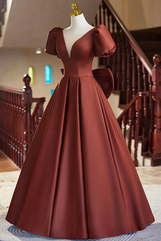 A-Line Satin Floor Length Prom Dress Elegant Short Sleeve Evening Party Dress simple gentle atmospheric and unique desi Bring summer by YiHuiw