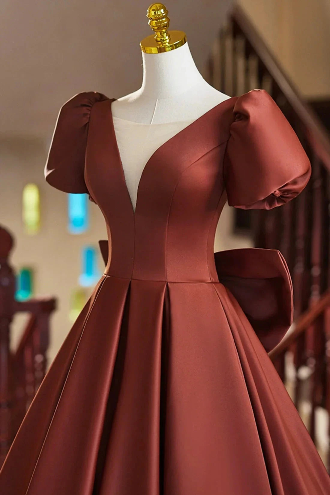 A-Line Satin Floor Length Prom Dress Elegant Short Sleeve Evening Party Dress simple gentle atmospheric and unique desi Bring summer by YiHuiw