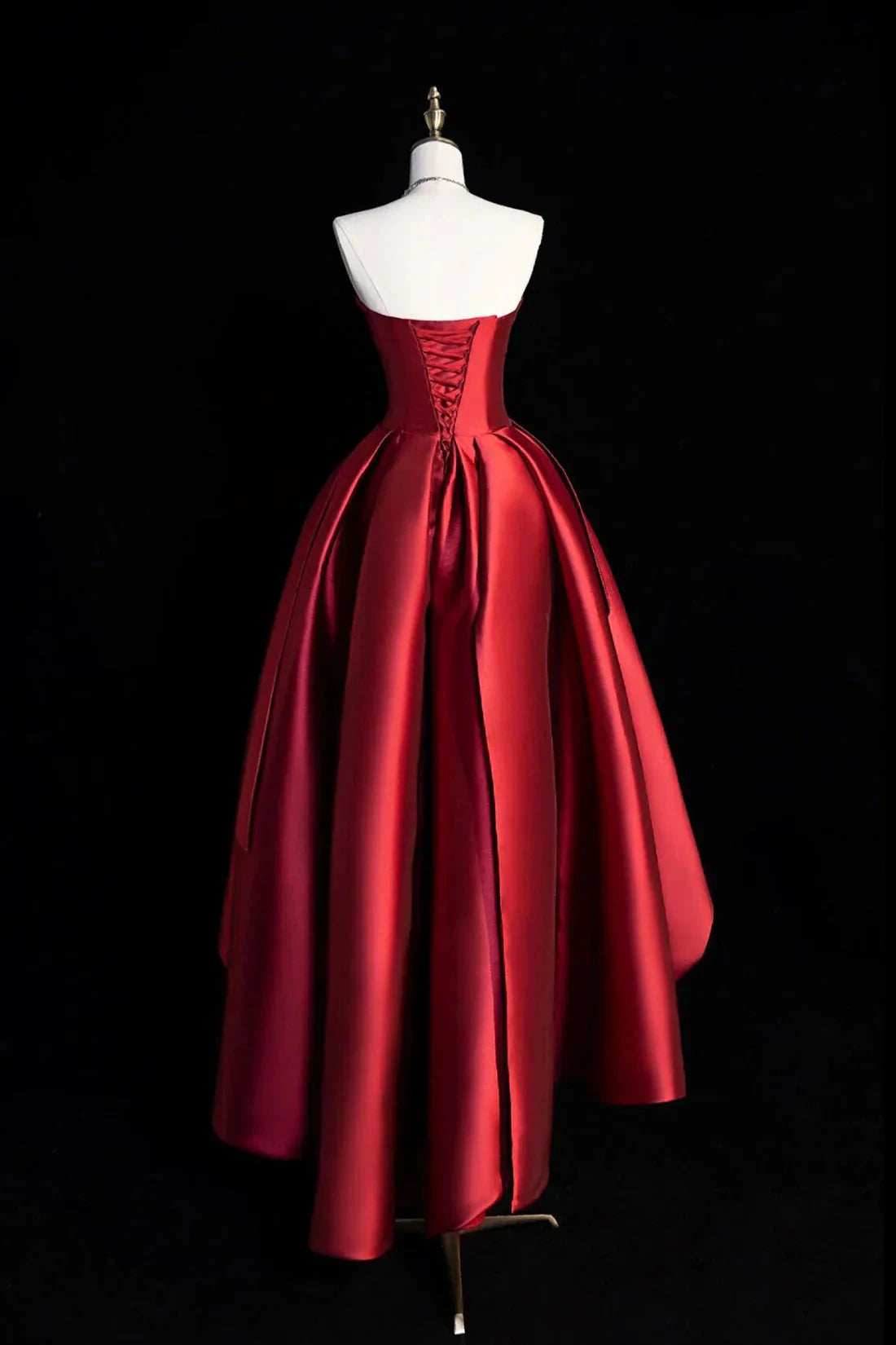 A-Line Satin Short Prom Dress Burgundy Strapless High Low Party Dress simple gentle atmospheric and unique desi Bring summer by YiHuiw