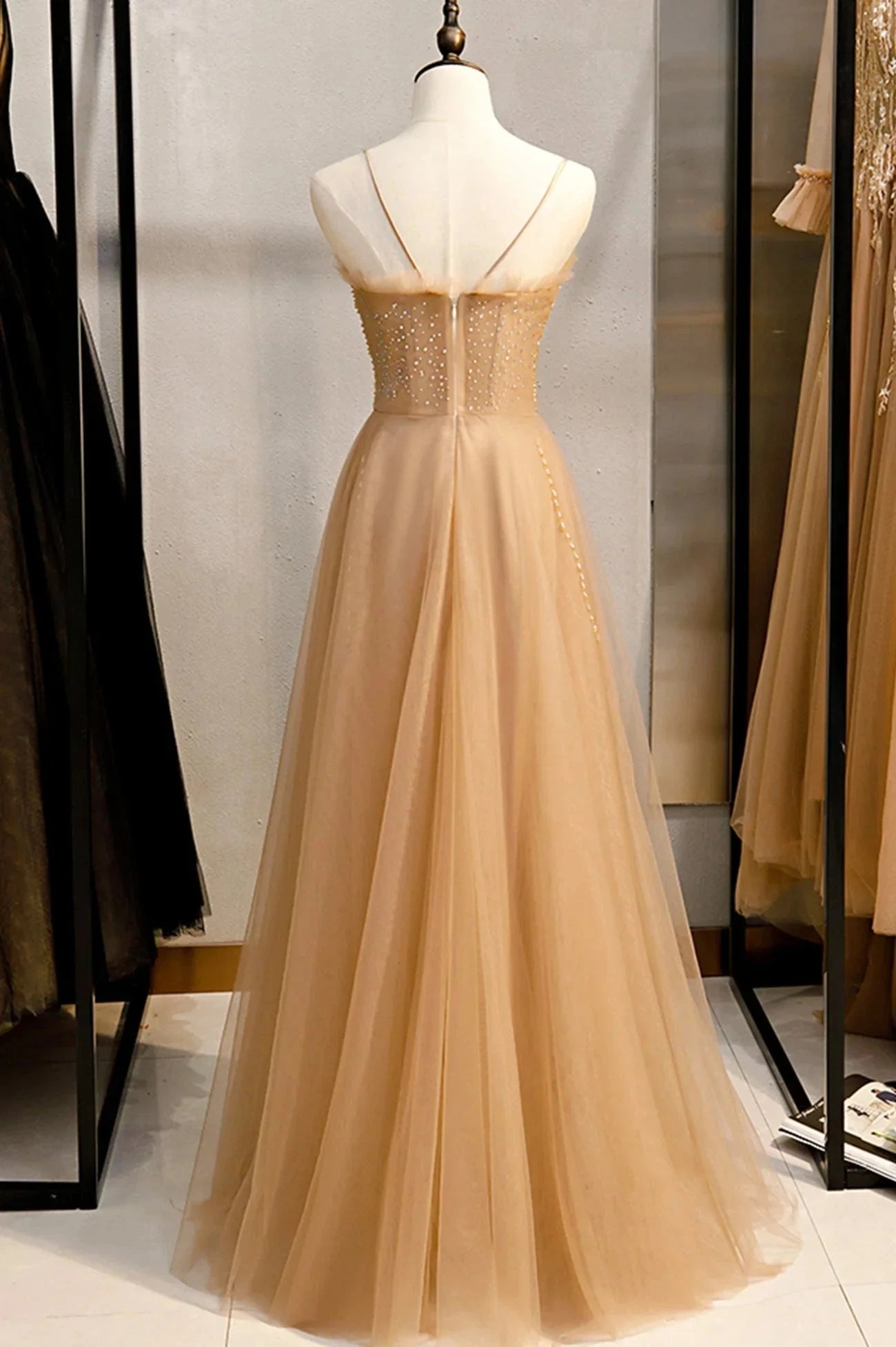 A-Line Spaghetti Straps Tulle Beaded Long Prom Dress Evening Party Dress simple gentle atmospheric and unique desi Bring summer colors to enhance whitenes by YiHuiw