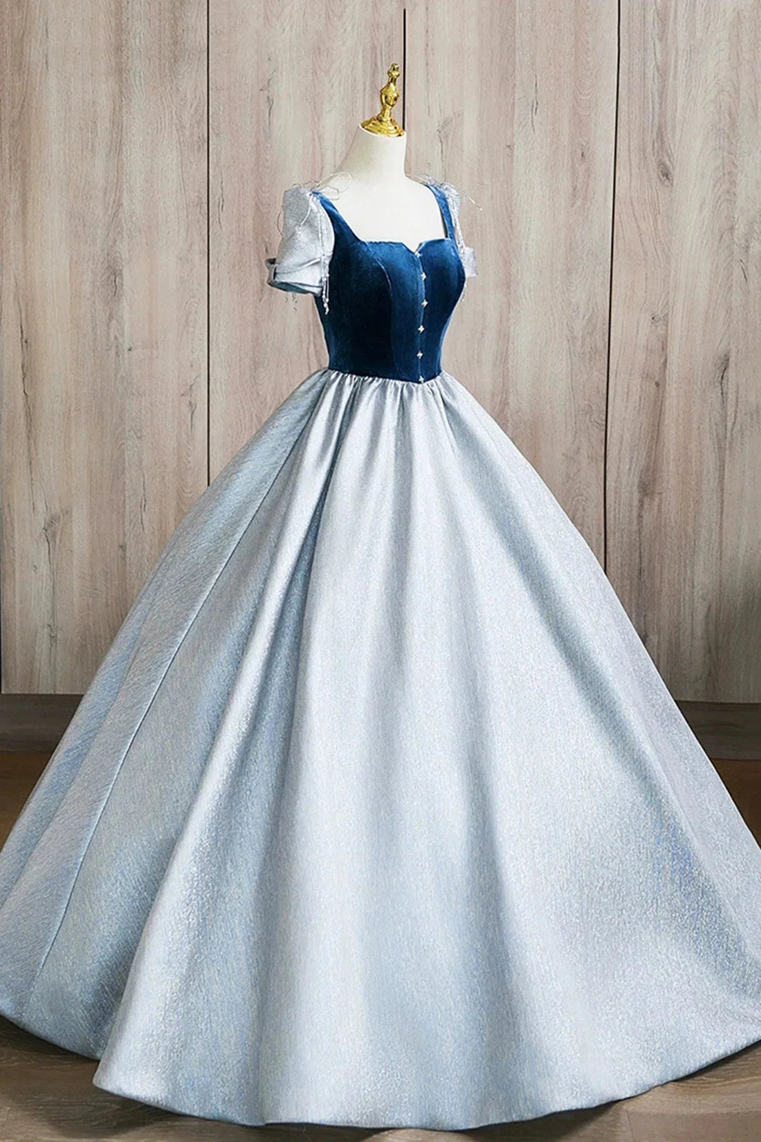 A-Line Square Neckline Floor Length Prom Dress Blue Short Sleeve Evening Party Dress simple gentle atmospheric and unique desi Bring summer by YiHuiw