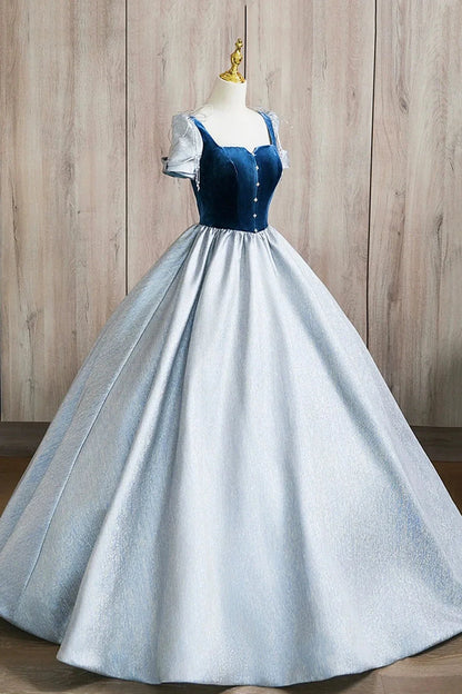 A-Line Square Neckline Floor Length Prom Dress Blue Short Sleeve Evening Party Dress simple gentle atmospheric and unique desi Bring summer by YiHuiw