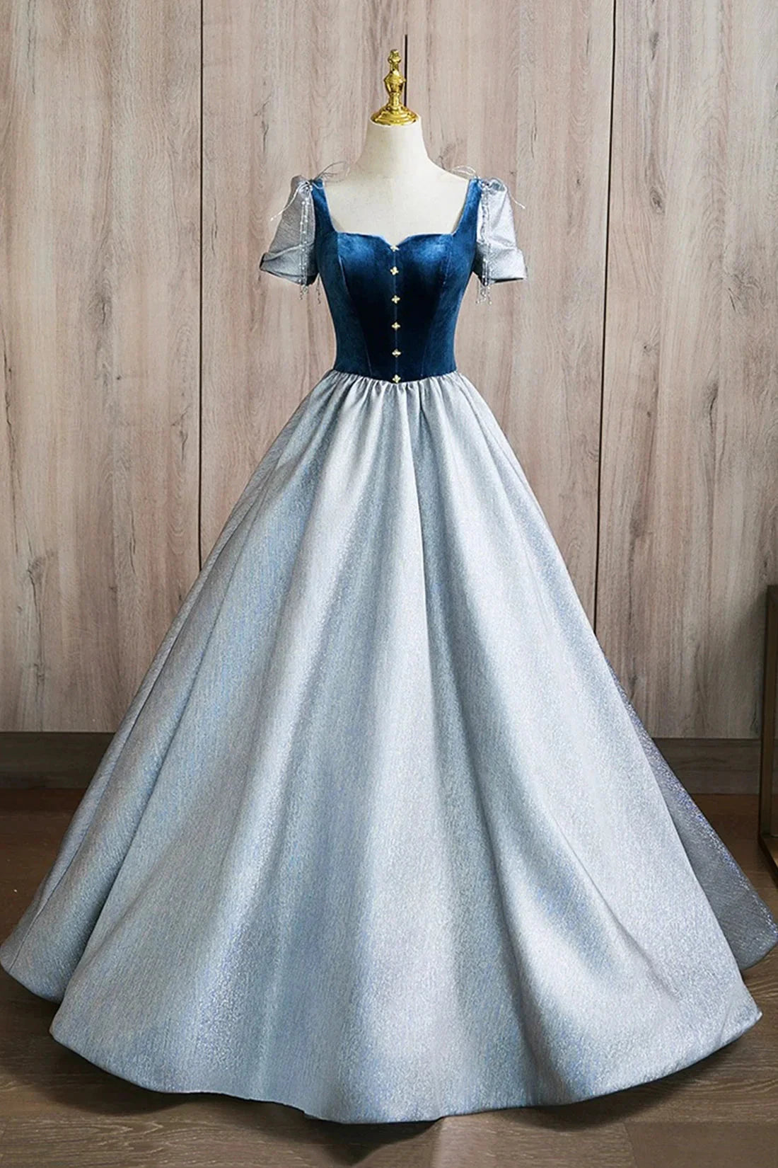 A-Line Square Neckline Floor Length Prom Dress Blue Short Sleeve Evening Party Dress simple gentle atmospheric and unique desi Bring summer by YiHuiw