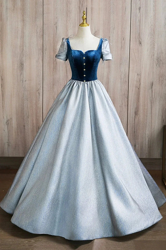 A-Line Square Neckline Floor Length Prom Dress Blue Short Sleeve Evening Party Dress simple gentle atmospheric and unique desi Bring summer by YiHuiw