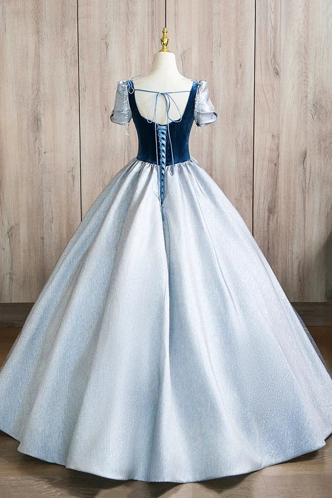 A-Line Square Neckline Floor Length Prom Dress Blue Short Sleeve Evening Party Dress simple gentle atmospheric and unique desi Bring summer by YiHuiw