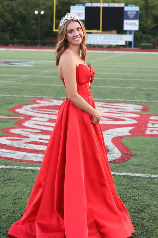 Red Satin Ball Gown Prom Dress with Sweetheart Neckline and Bow Detail