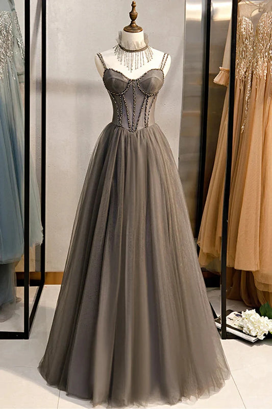 A-Line Tulle Long Prom Dress with Beading, Cute Evening Party Dress by LANQI DRESS