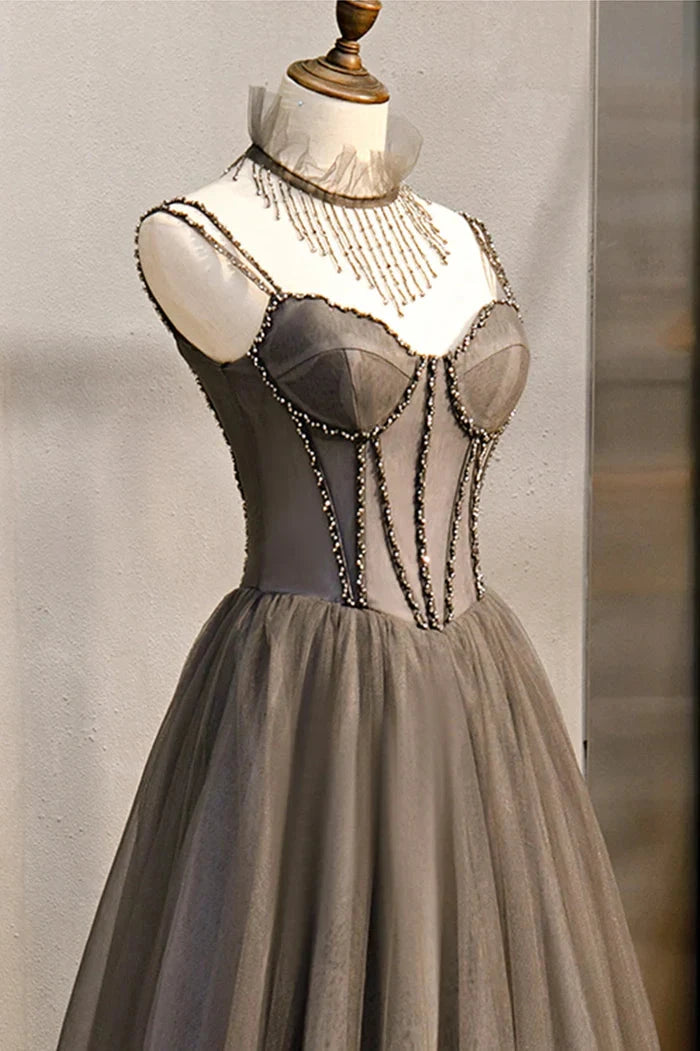 A-Line Tulle Long Prom Dress with Beading, Cute Evening Party Dress by LANQI DRESS