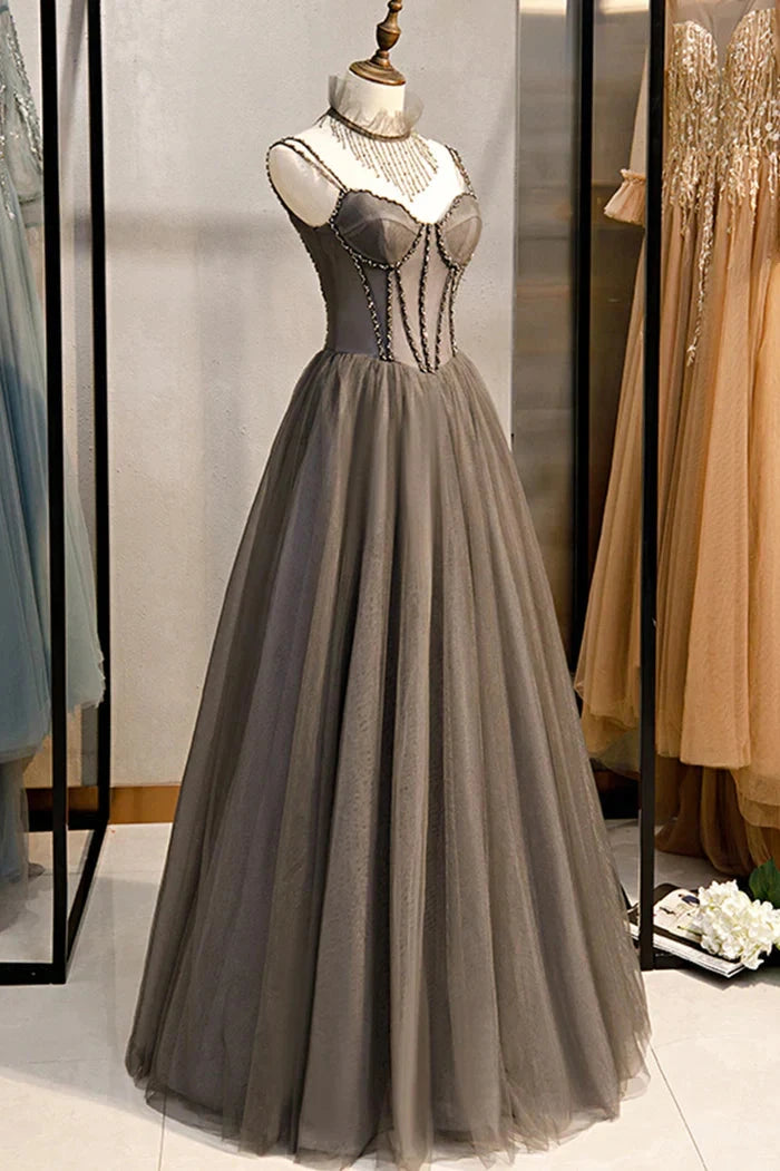 A-Line Tulle Long Prom Dress with Beading, Cute Evening Party Dress by LANQI DRESS