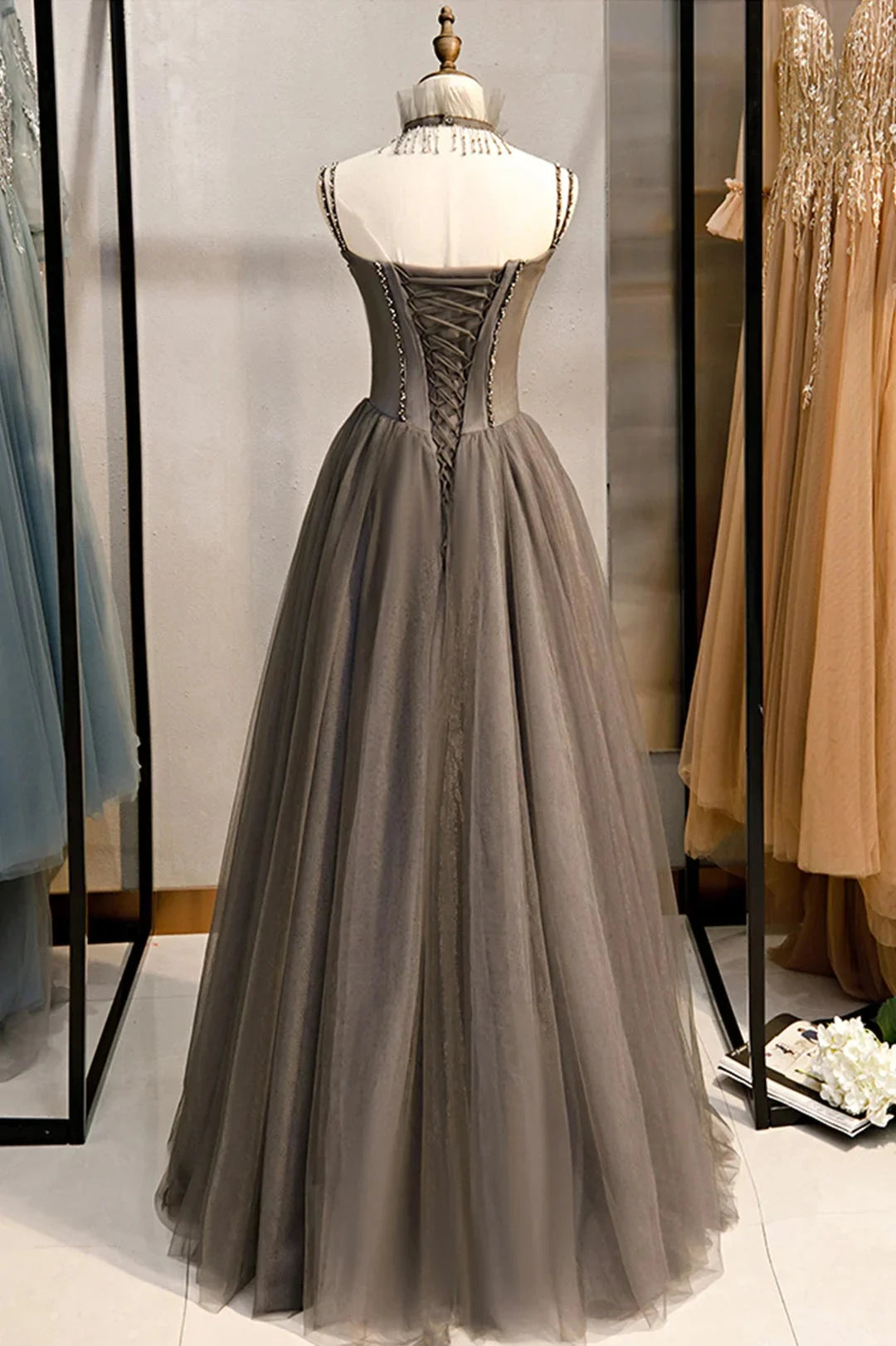 A-Line Tulle Long Prom Dress with Beading, Cute Evening Party Dress by LANQI DRESS