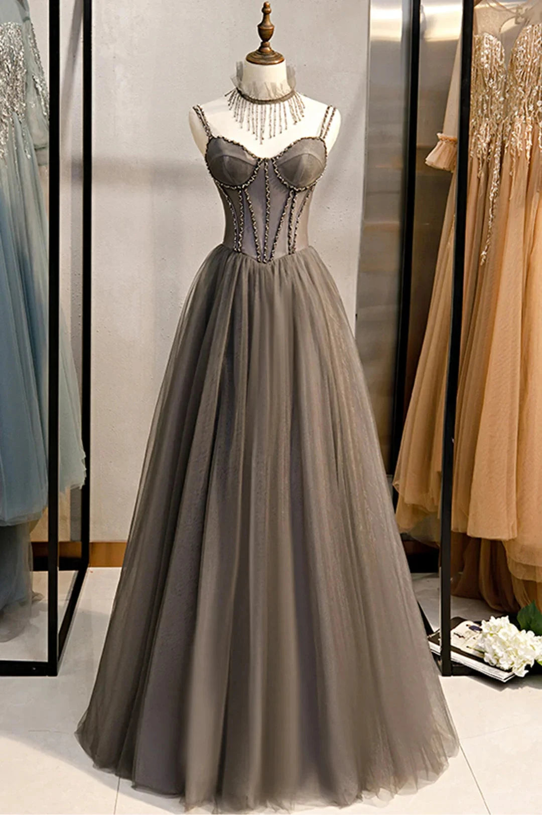 A-Line Tulle Long Prom Dress with Beading, Cute Evening Party Dress by LANQI DRESS