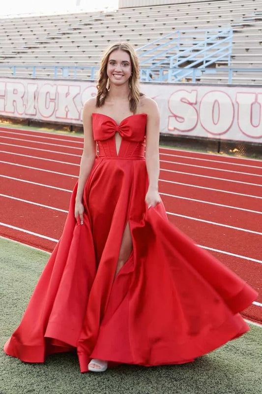 Red Satin Ball Gown Prom Dress with Sweetheart Neckline and Bow Detail