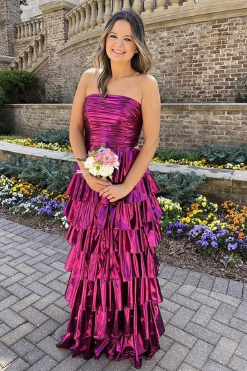 Fuchsia Metallic Ruffle Mermaid Prom Dress with Strapless Neckline
