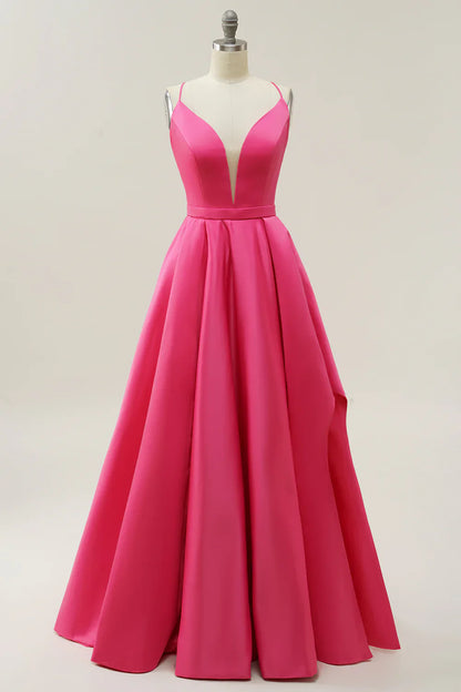 Vestido de graduación rosa fucsia de corte en A con escote en V profundo y tirantes finos – Elegante vestido de noche formal