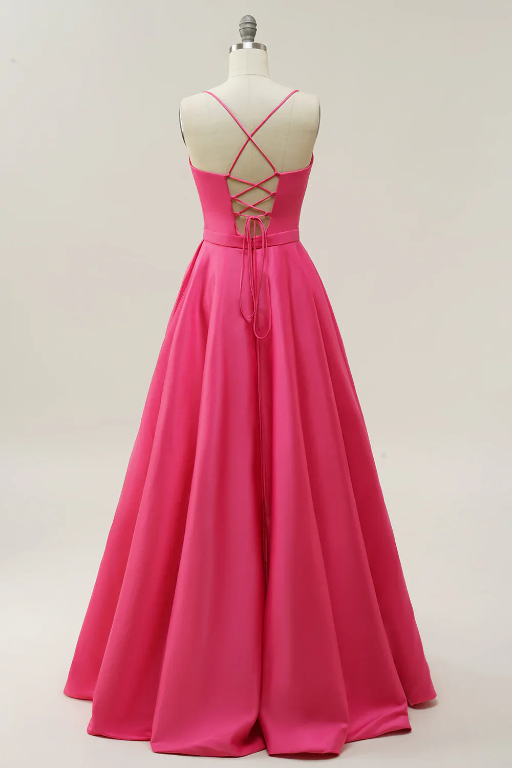 Vestido de graduación rosa fucsia de corte en A con escote en V profundo y tirantes finos – Elegante vestido de noche formal