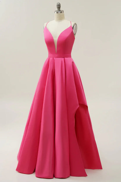 Vestido de graduación rosa fucsia de corte en A con escote en V profundo y tirantes finos – Elegante vestido de noche formal