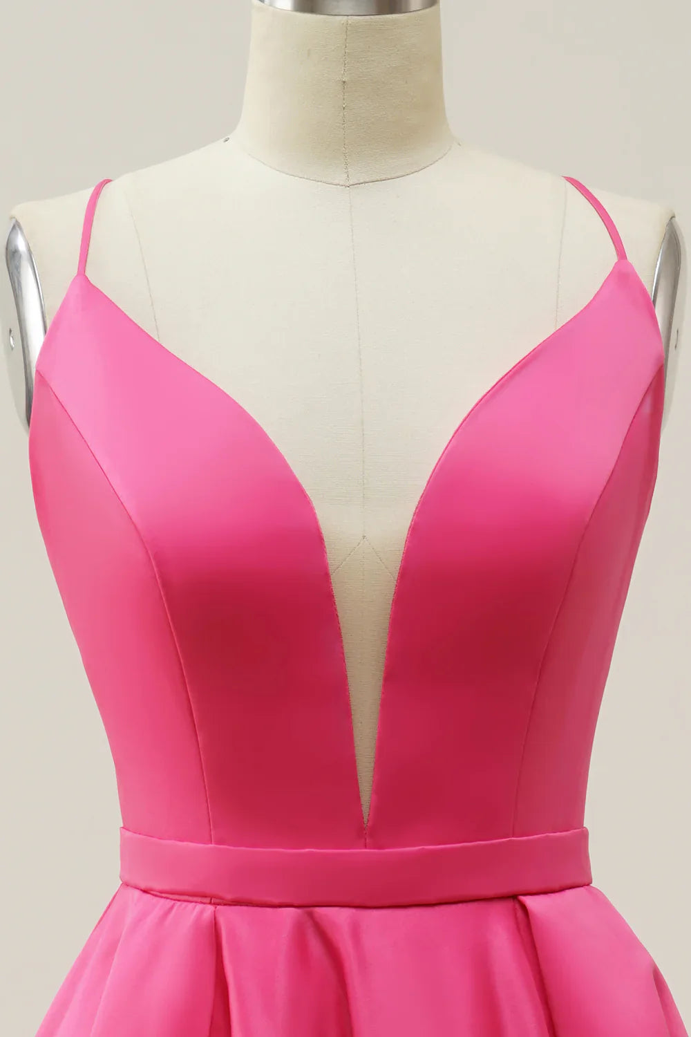 Vestido de graduación rosa fucsia de corte en A con escote en V profundo y tirantes finos – Elegante vestido de noche formal