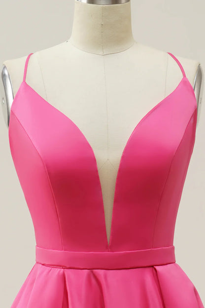Vestido de graduación rosa fucsia de corte en A con escote en V profundo y tirantes finos – Elegante vestido de noche formal