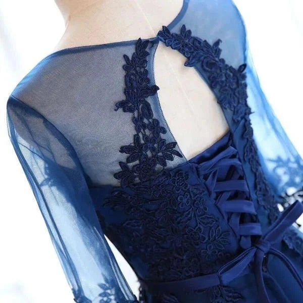 A-line Scoop Neck Dark Blue Long Prom Dresses With Sleeves simple gentle atmospheric and unique desi Bring summer colors to enhance whiteness by YiHuiw