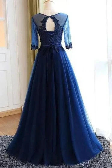 A-line Scoop Neck Dark Blue Long Prom Dresses With Sleeves simple gentle atmospheric and unique desi Bring summer colors to enhance whiteness by YiHuiw