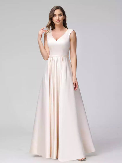Vestidos de dama de honor de satén, línea A, sin mangas, con escote en V y todo el encanto