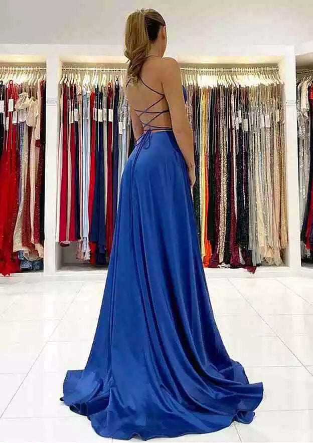 Vestidos de graduación de satén en línea A, sin mangas, con escote en V, abertura larga y adornos completos
