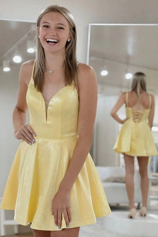 Yellow Satin Homecoming Dress with V-Neck and Open Back – Elegant A-Line Cocktail Mini Dress