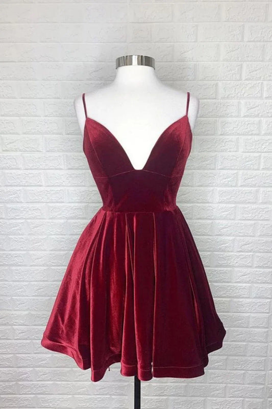 Burgundy Velvet Homecoming Dress with Spaghetti Straps and Deep V Neck – Elegant Fit and Flare Cocktail Mini Dress