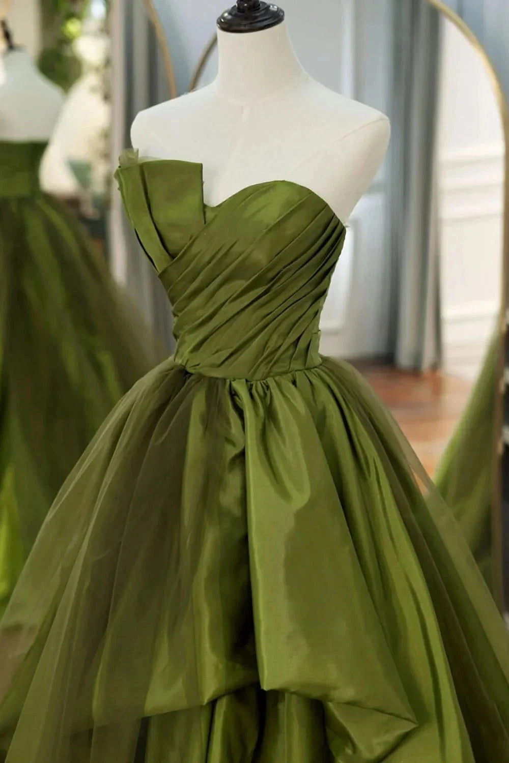A Line Asymmetrical Strapless Green Long Prom Dress with Ruffles simple gentle atmospheric and unique desi Bring summer colors to enhance whiteness by YiHuiw