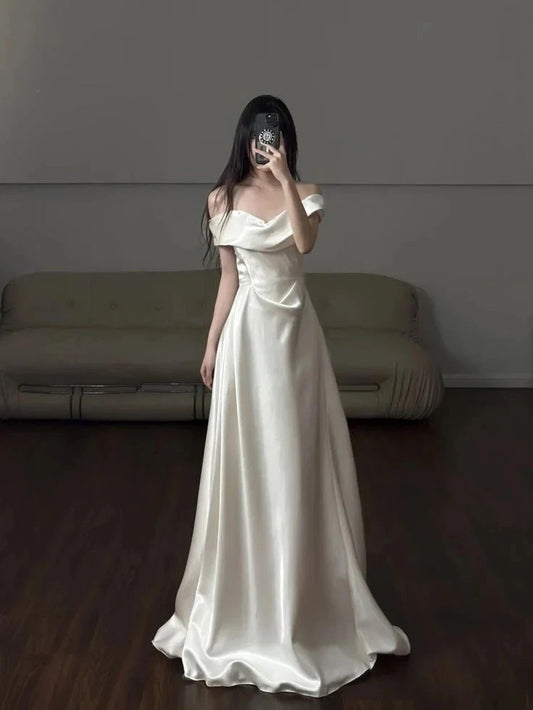 A Line Off Shoulder Formal Dress Princess Wedding Dresses Long simple gentle atmospheric and unique desi Bring summer colors to enhance whiteness by YiHuiw