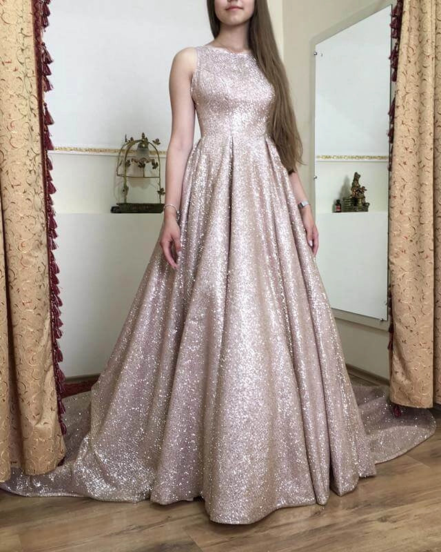 A Line Scoop Neckline Sweep Train Sequin Dresses simple gentle atmospheric and unique desi Bring summer colors to enhance whiteness by YiHuiw
