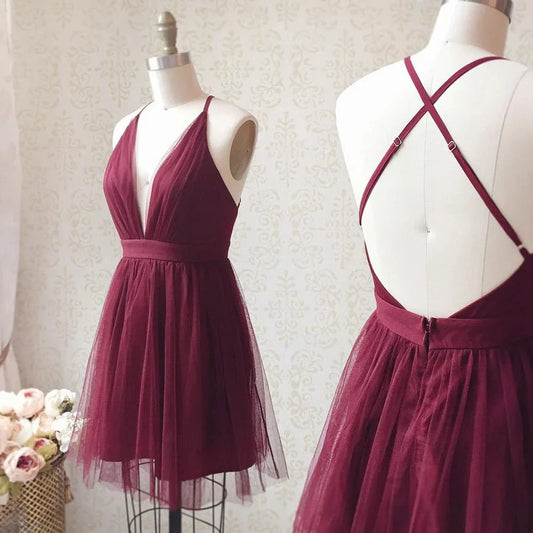 A Line V Neck Short Burgundy Backless Prom Dresses Short Burgundy Backless Formal Homecoming Dresses simple gentle atmospheric and unique desi Bring summer colors to enhance whiteness by YiHuiw