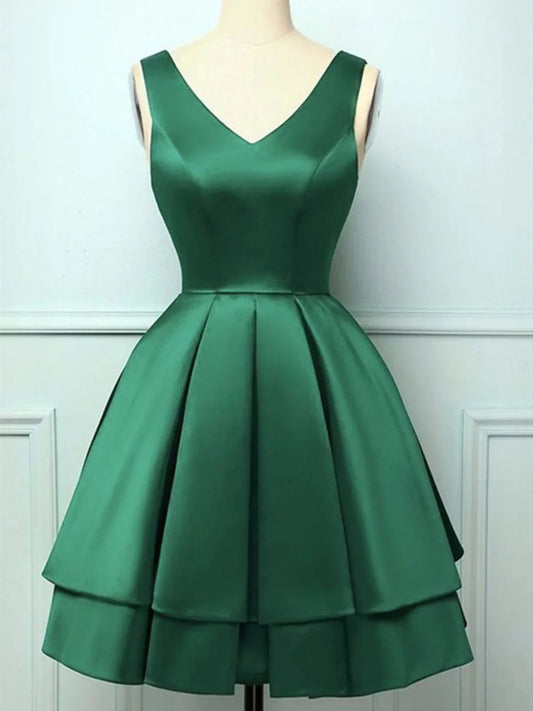 A Line V Neck Short Green Satin Prom Dresses Short Green Satin Homecoming Graduation Dresses simple gentle atmospheric and unique desi Bring summer colors to enhance whiteness by YiHuiw