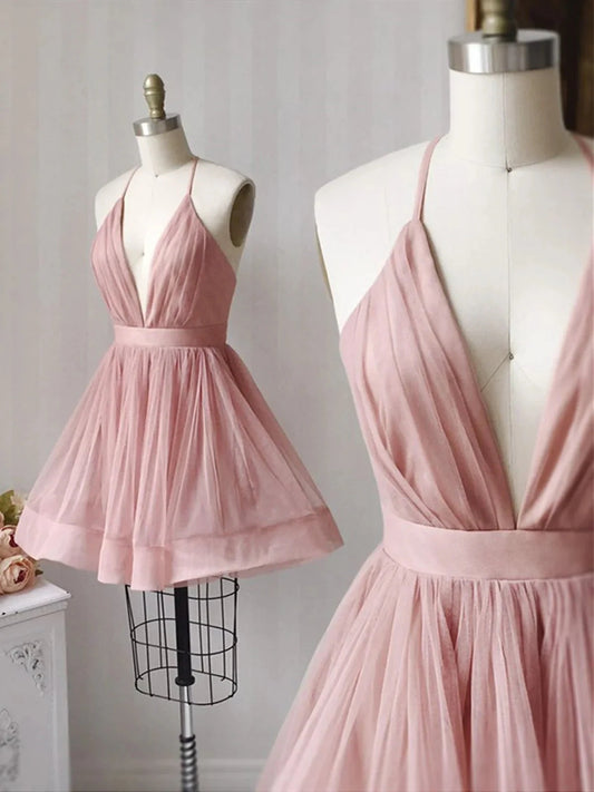 A Line V Neck Short Pink Tulle Prom Dresses, Short Pink Tulle Formal Homecoming Dresses simple gentle atmospheric and unique desi Bring summer colors to enhance whiteness by YiHuiw