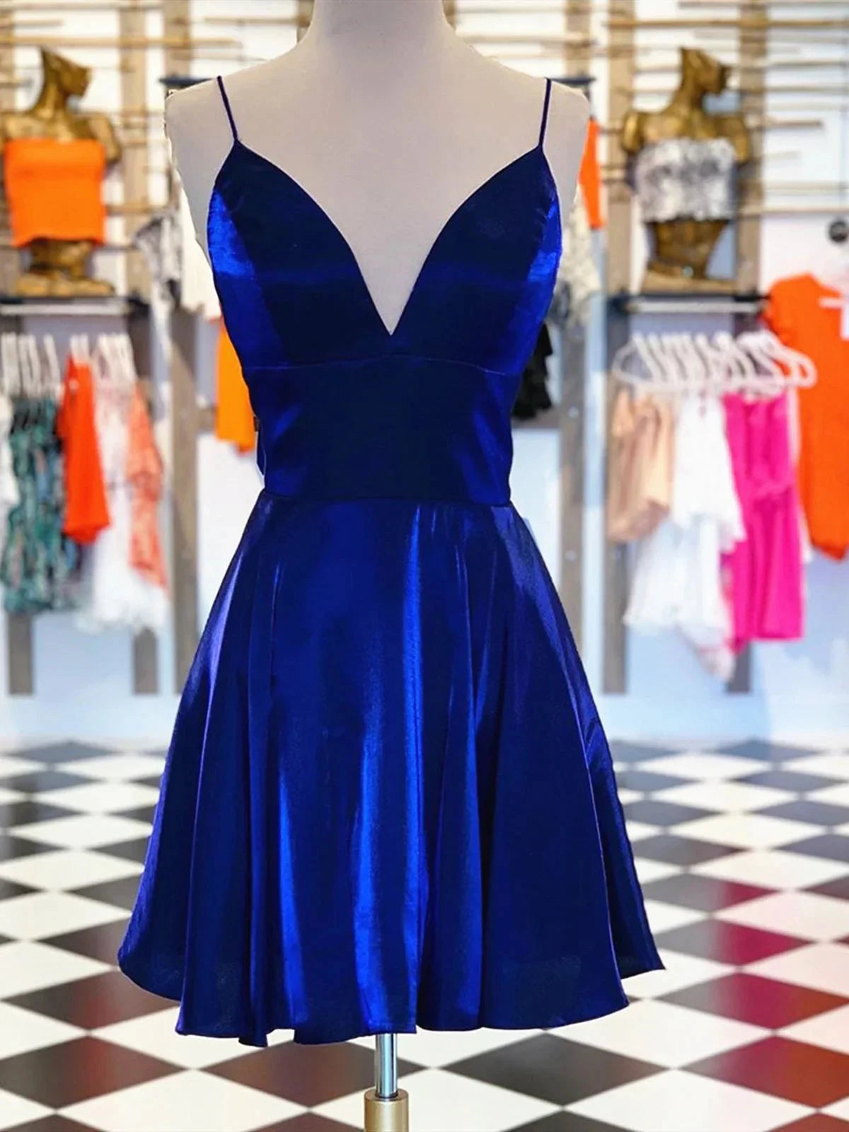 A Line V Neck Short Royal Blue Prom Dresses, Short Royal Blue Formal Homecoming Dresses simple gentle atmospheric and unique desi Bring summer colors to enhance whiteness by YiHuiw