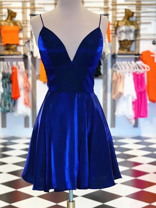 A Line V Neck Short Royal Blue Prom Dresses, Short Royal Blue Formal Homecoming Dresses simple gentle atmospheric and unique desi Bring summer colors to enhance whiteness by YiHuiw
