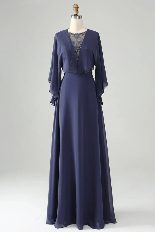 Dusty Navy Mother of the Bride Dress with Chiffon Cape Sleeves and Beaded Waist – Elegant Formal Evening Gown