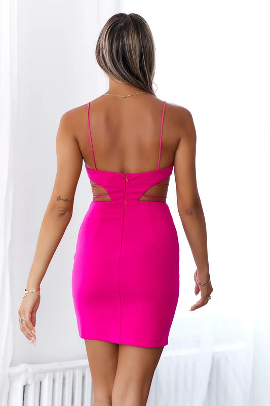 A bright pink camisole short skirt with a thin camisole and a square neckline. The waist is designed with hollowed out straps on both sides, making it suitable for parties, dates, and more