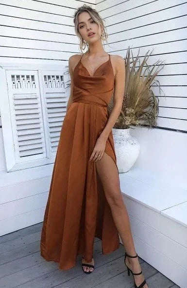 A brown toned long camisole dress with a deep V-neckline design suitable for dinners, parties, etc by YiHuiw