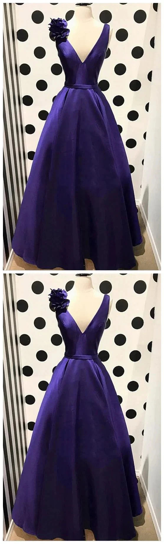 A deep purple satin dress with a deep V-neck, high waist, and large skirt that is suitable for occasions such as dinners and dances by YiHuiw