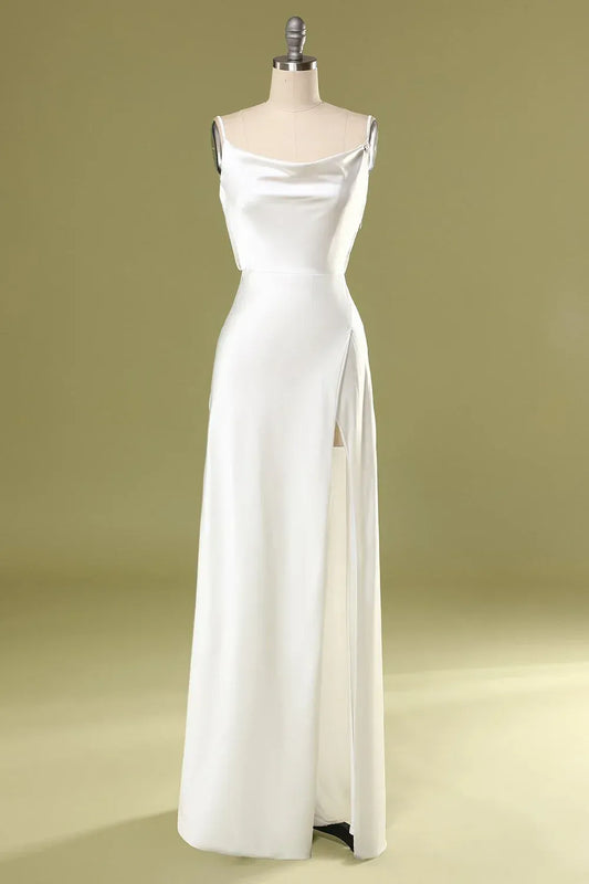 Mermaid Spaghetti Strap Satin High Slit Wedding Dress - Yihuiw by Yihuiw