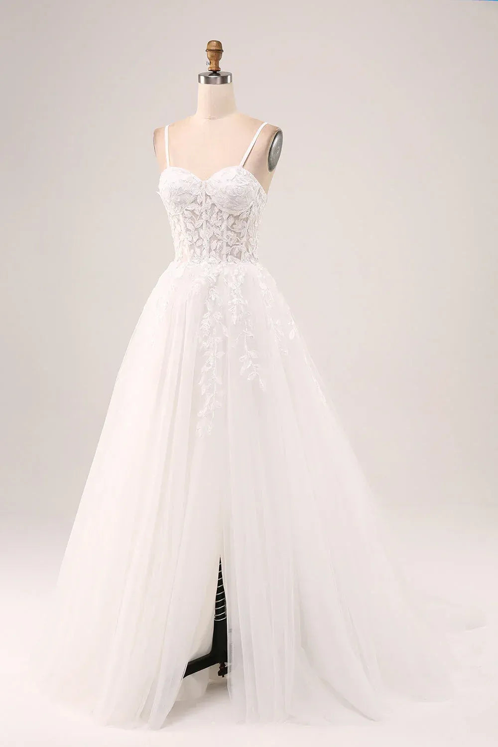 A-Line Sweetheart Tulle High Slit Wedding Dress - Yihuiw by Yihuiw