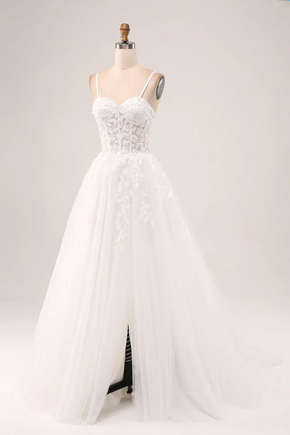 A-Line Sweetheart Tulle High Slit Wedding Dress - Yihuiw by Yihuiw
