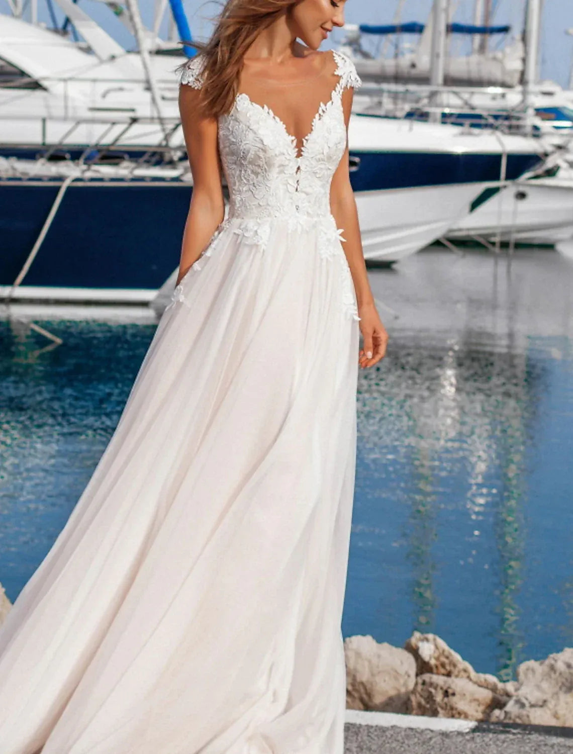 A-Line Illusion Cap Sleeve Floor-Length Wedding Dress - Yihuiw by Yihuiw