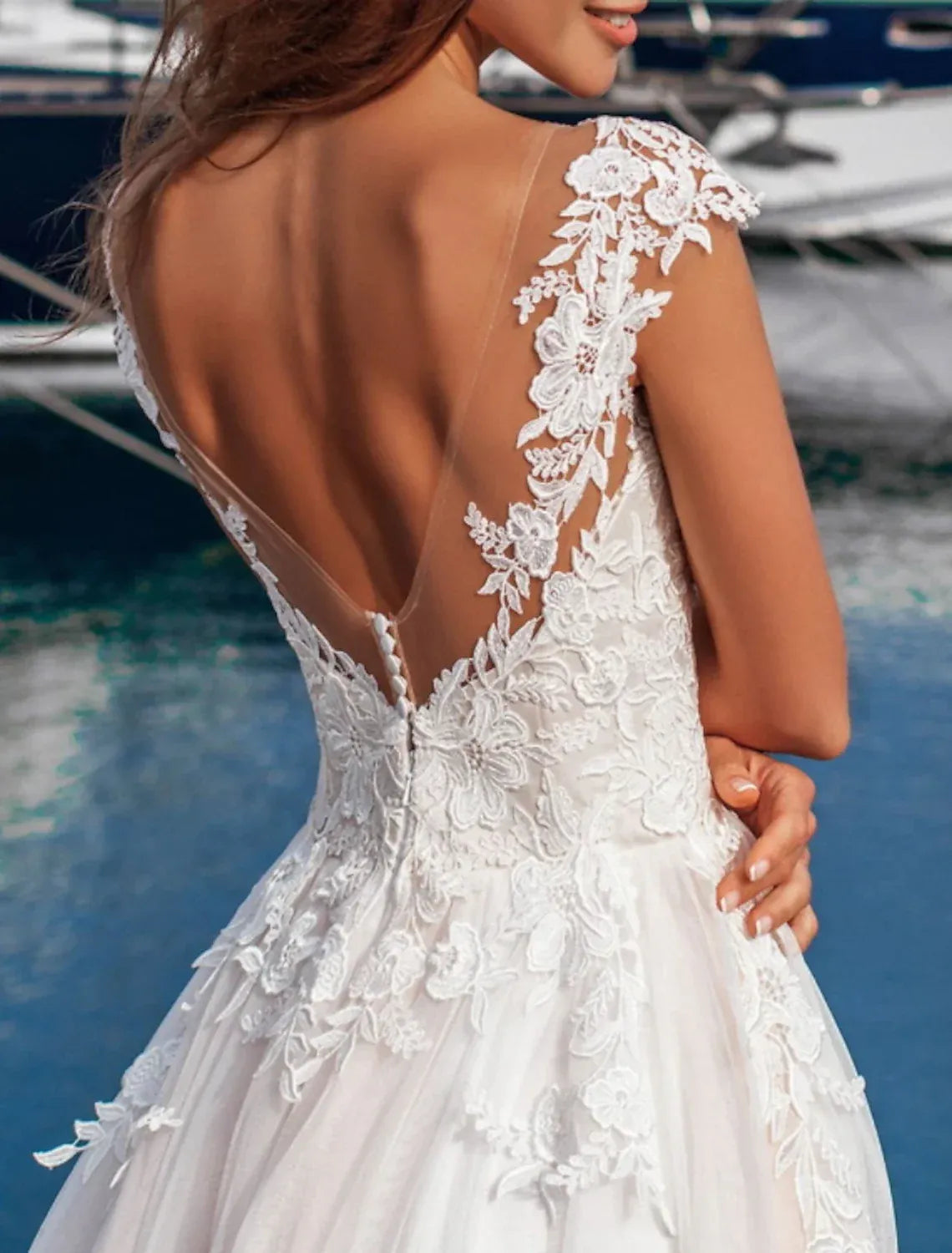 A-Line Illusion Cap Sleeve Floor-Length Wedding Dress - Yihuiw by Yihuiw