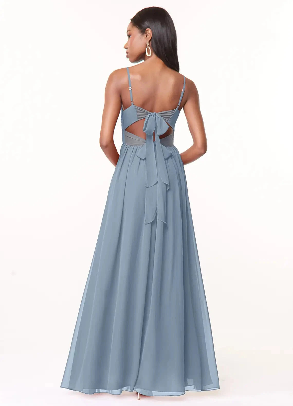 Airy A Line Plunging V Neck Spaghetti Strap Bow Back High Slit Floor Length Female Evening Dress by YiHuiw